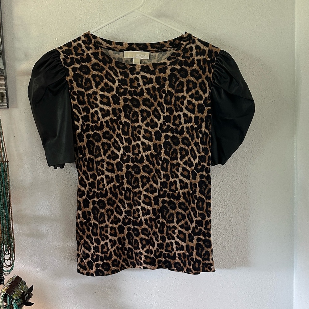 Michael Kors leopard print with faux leather sleeves